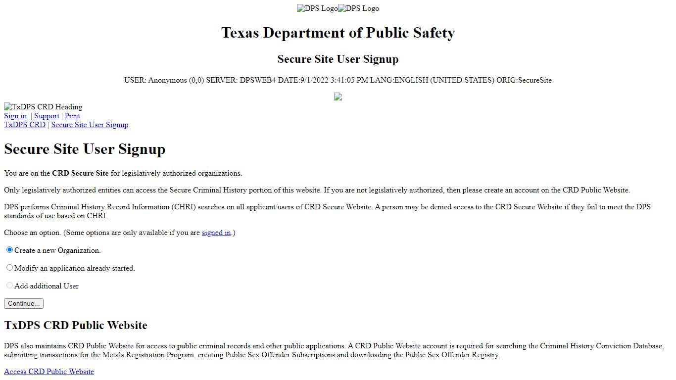 Secure Site User Signup | TxDPS Crime Records Division - Texas